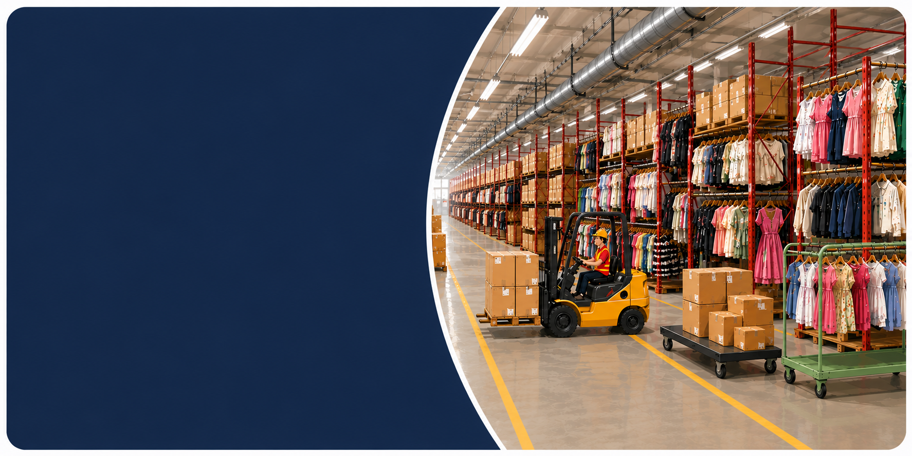 Warehouse interior with forklift and clothing racks