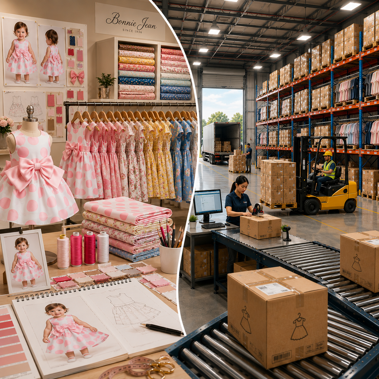 Collage of a clothing store with dresses and fabric, a warehouse with packaging and forklift, and a desk with computer and boxes.