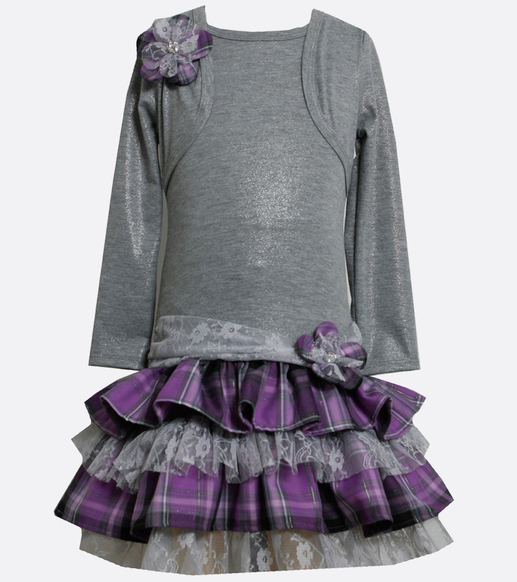 Girls gray and purple tiered dress
