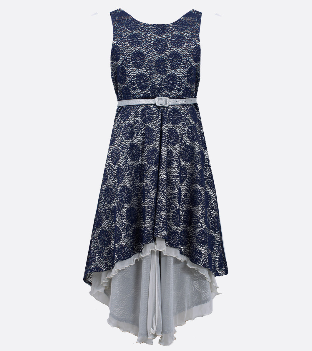 Girls Navy and Silver Lace Hi-Low dress