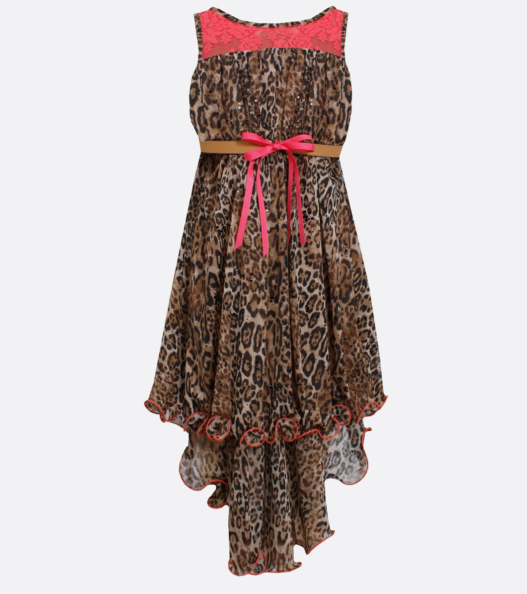 Girls animal print and coral hi-low dress