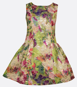 Bonnie Jean Metallic Floral Broacde Bow Back Dress 