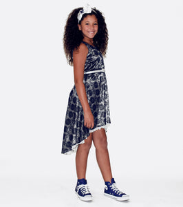 Girls navy and silver lace hi-low dress