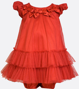Bonnie Jean multi-tiered red mesh dress with red bow embellished neckline.