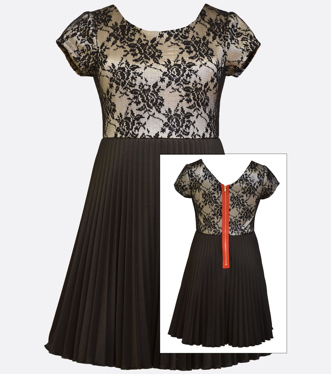 Bonnie Jean black and gold dress with a floral lace bodice and pleated skirt.
