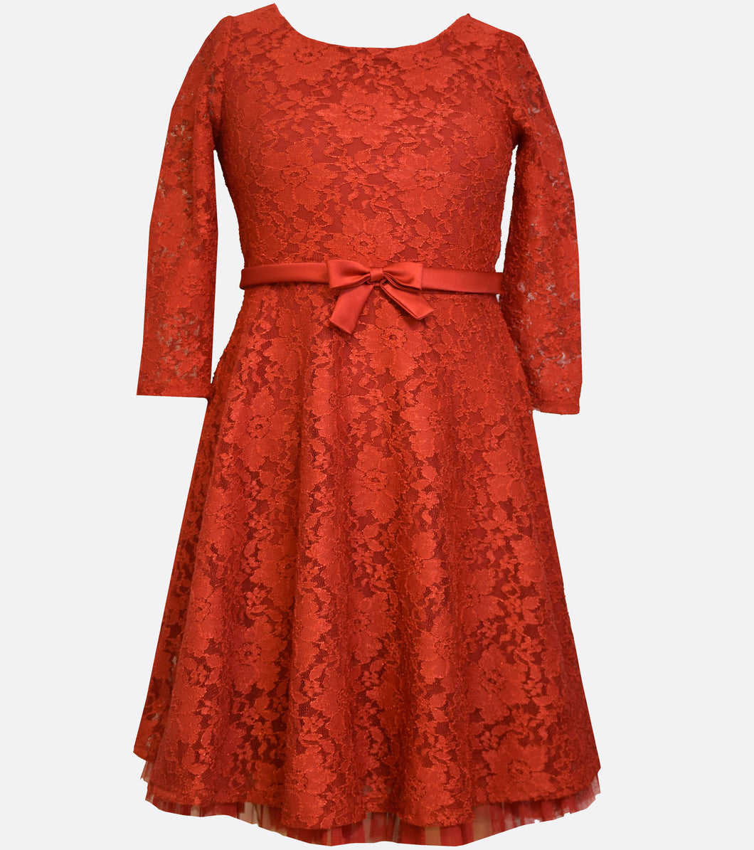 Bonnie Jean long sleeved red lace dress with a red satin waist band and bow.