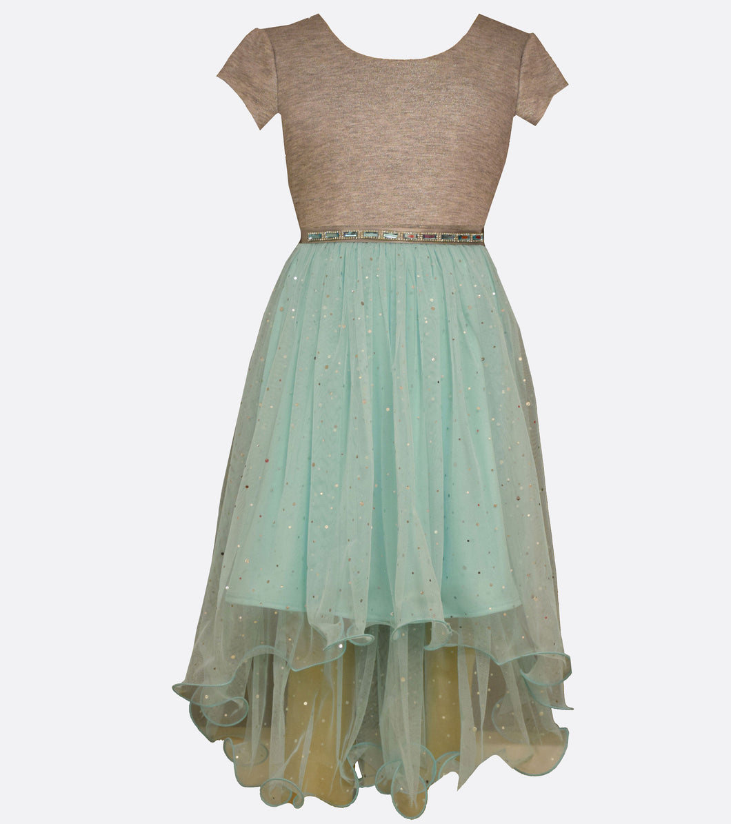 Metallic knit hi-low spangled mesh wire hem dress