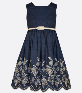 Bonnie Jean Chambray Dress with embroidered border