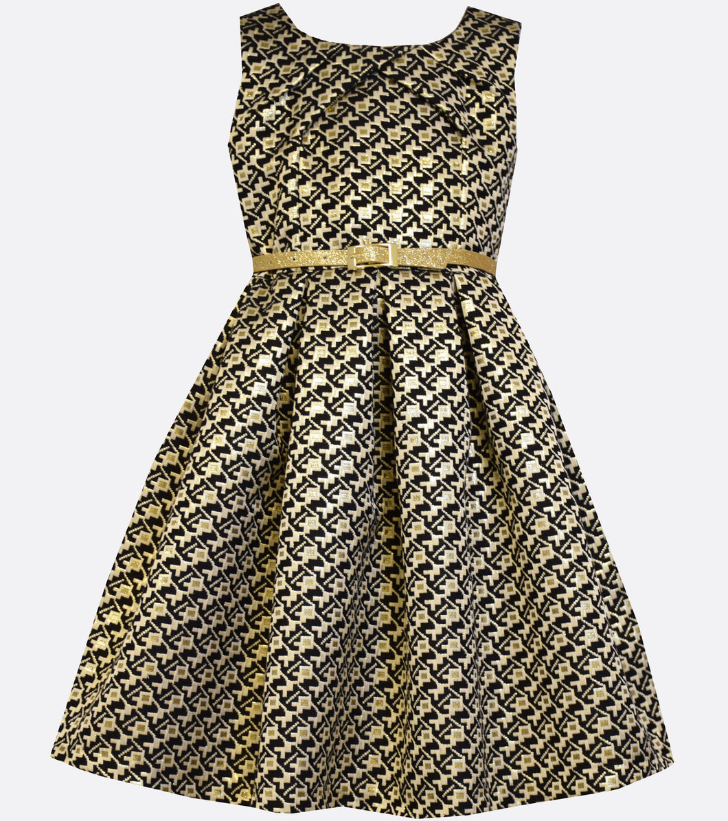 Bonnie Jean black and gold brocade pleated dress.