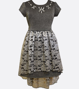 Bonnie Jean silver knit dress with a lace high to low skirt and jewel embellished neckline.