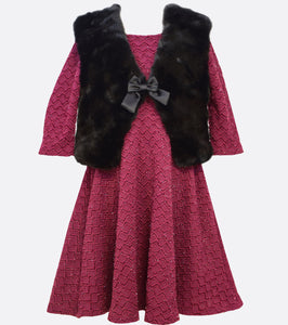 Bonnie Jean deep magenta textured knit dress and black faux fur vest set.