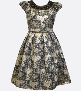 Bonnie Jean black and gold floral brocade dress with cap sleeves and a jewel embellished neckline. 