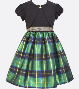 Bonnie Jean green, blue and gold taffeta plaid dress with gold accents, a metallic knit bodice and matching cardigan.