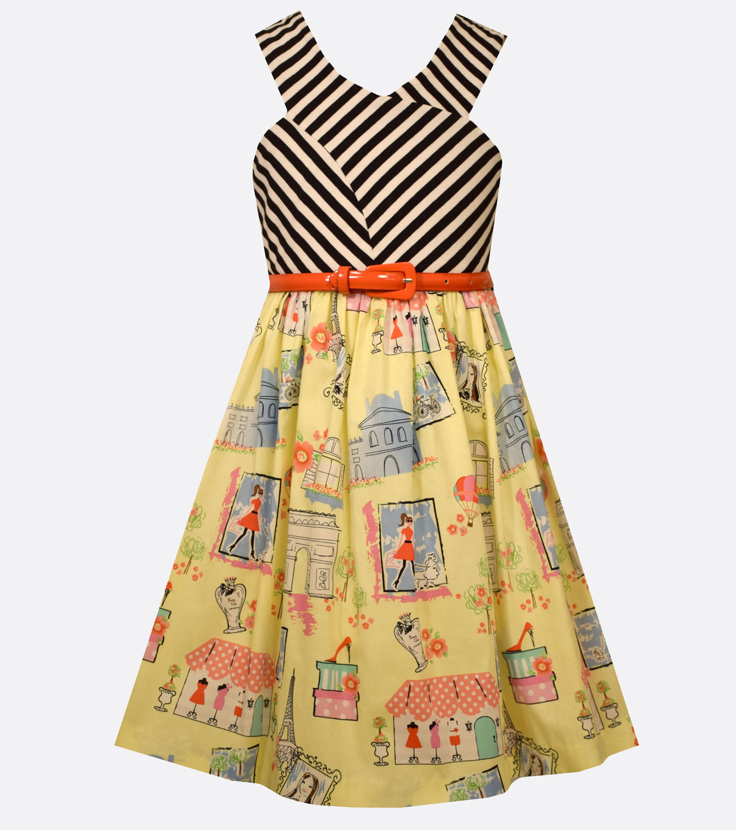 Bonnie Jean Asymetrical Stripe to Paris Print Dress