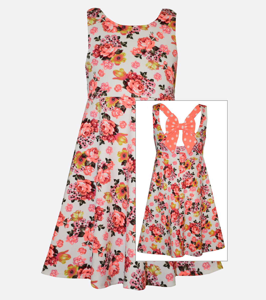 Bonnie Jean Textured Floral Print Dress with Polka Dot Bow Back