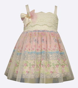Bonnie Jean Lace bodice to floral printed skirt with mesh overlay 