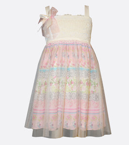 Bonnie Jean Lace bodice to floral printed skirt with mesh overlay 