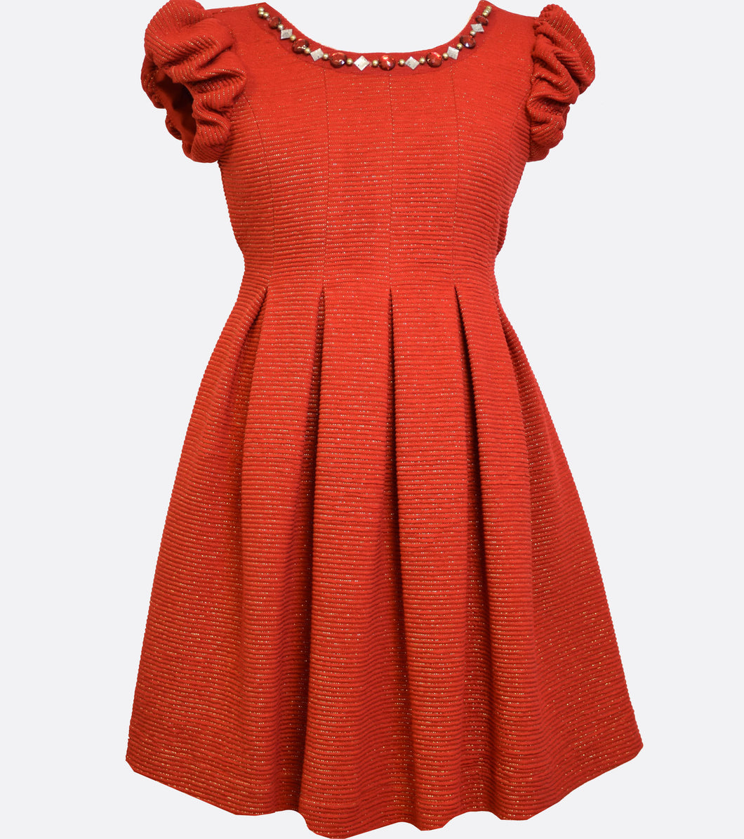 Bonnie Jean red textured knit dress with cap sleeves and jewel embellished neckline.