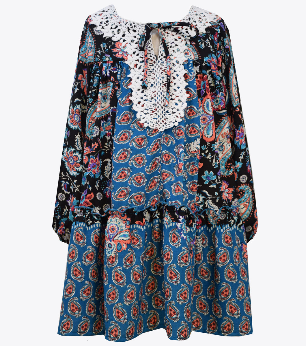 Paisley printed dress with crochet lace trim